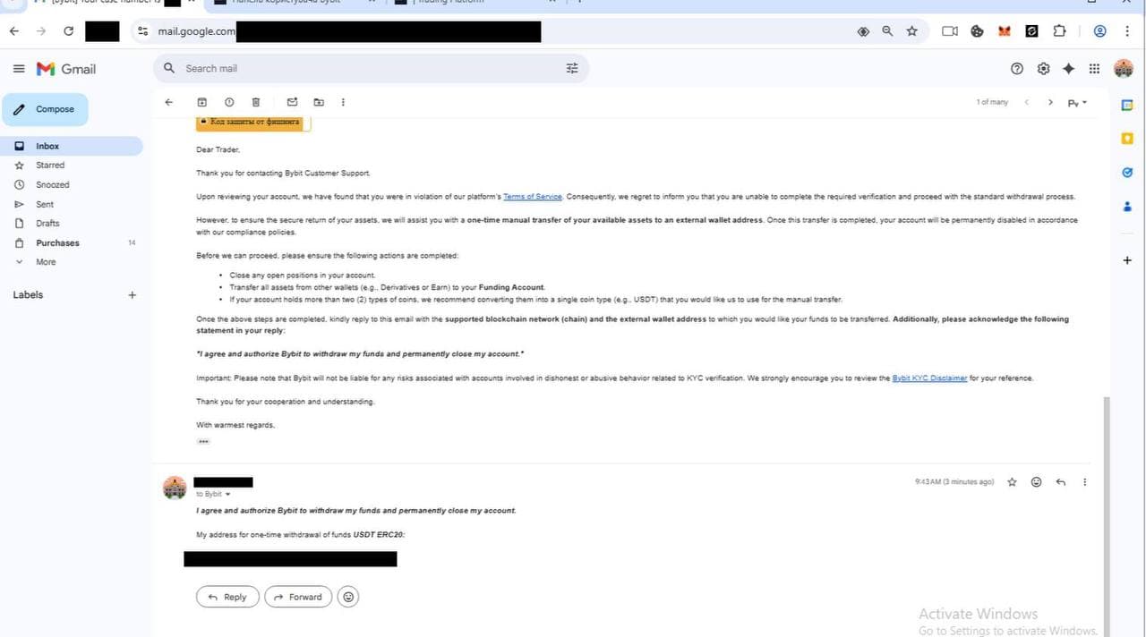 Bybit Customer Support authorising a one-time manual transfer of available assets to an external wallet address before permanent account closure.