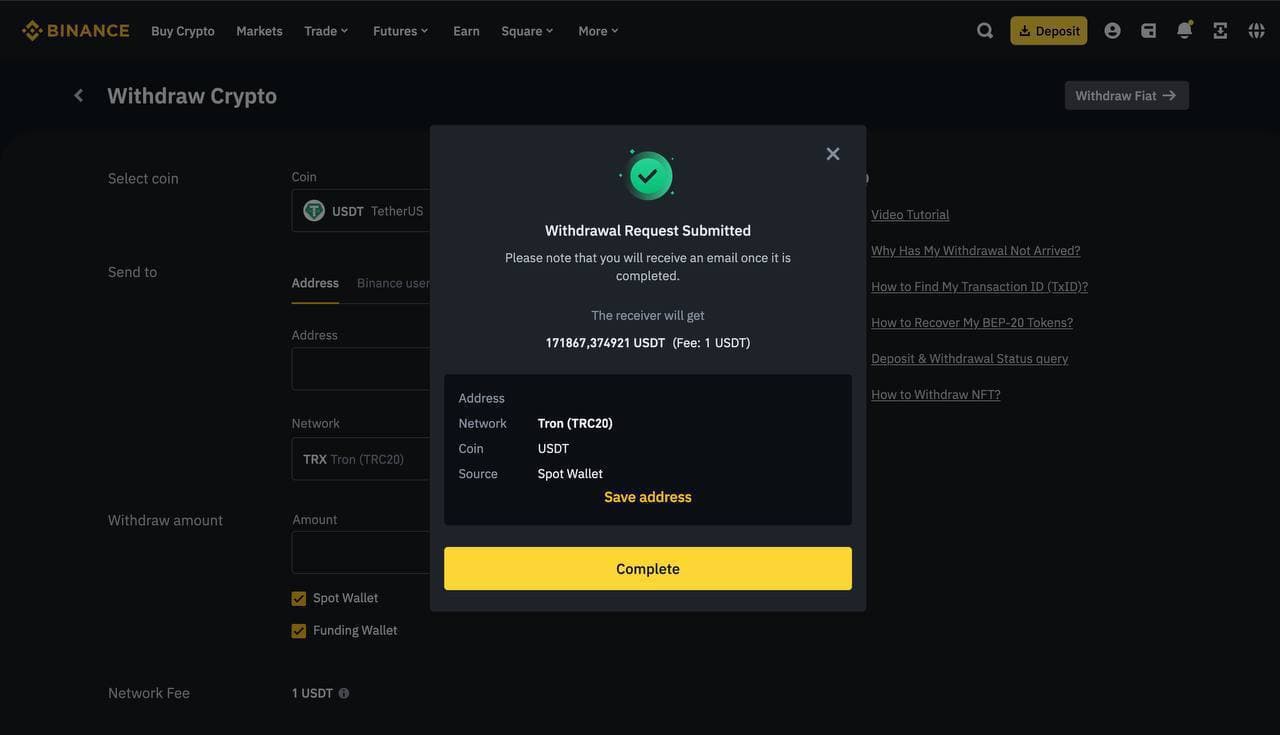 Binance Withdraw Crypto — “Withdrawal Request Submitted”: the receiver gets 171,867.37 USDT via Tron (TRC-20), from the Spot Wallet.