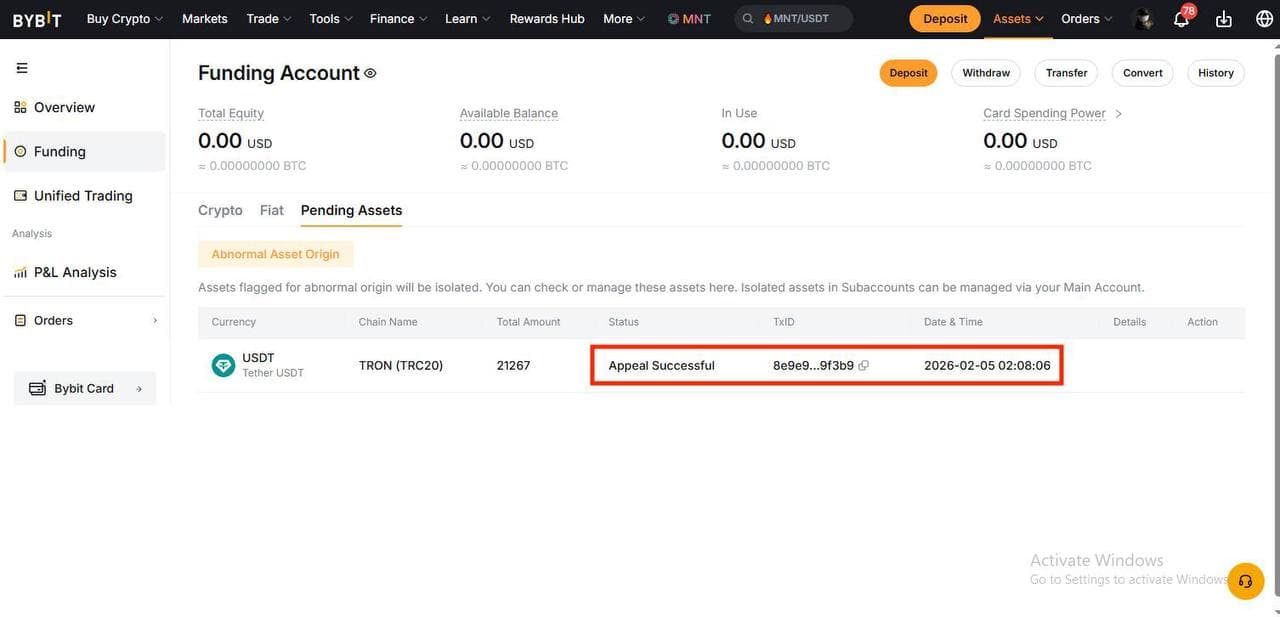 Bybit funding account, Pending Assets: 21,267 USDT (TRON TRC-20), status “Appeal Successful”.